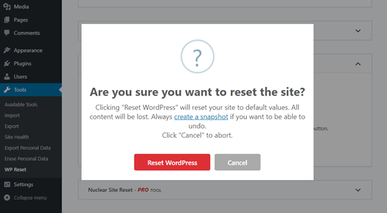 Confirm that you want to reset your website