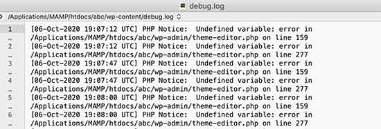 Debug log file showing PHP errors in WordPress
