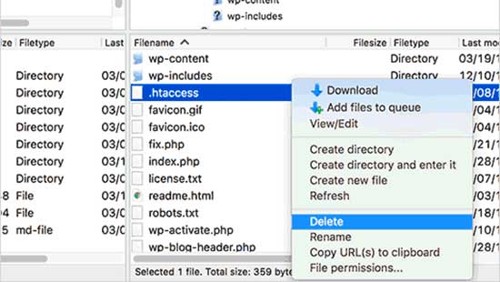 Delete .htaccess file in WordPress