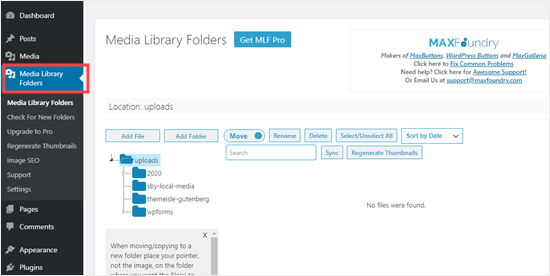 The Media Library Folders page within your WordPress dashboard