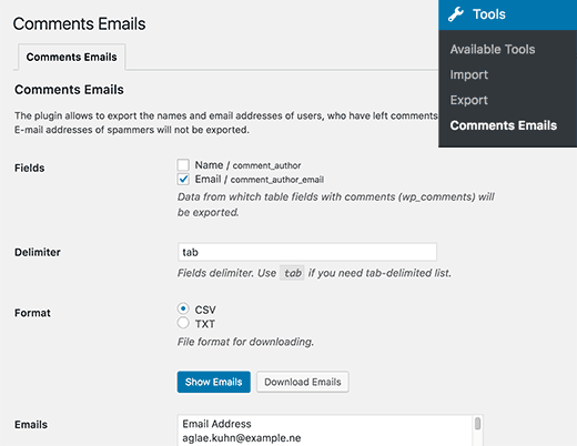 Export comment author email address in WordPress