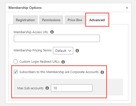 Check the box to create a Corporate Account membership and enter the number of sub-accounts permitted 