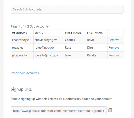 The user's list of subaccounts plus the signup link