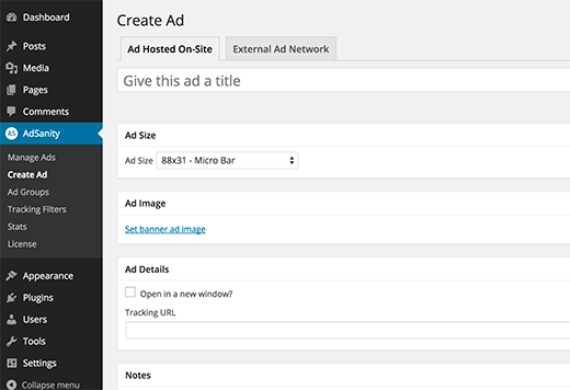 Create new ad in AdSanity