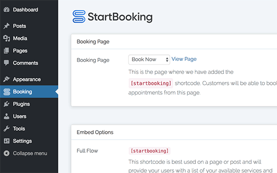 Add booking shortcode to page