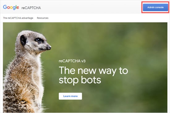 The Google ReCAPTCHA admin console front page