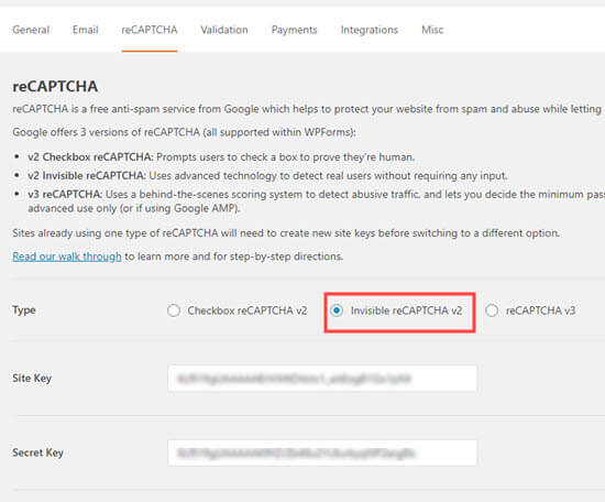 Selecting the invisible reCAPTCHA option in WPForms