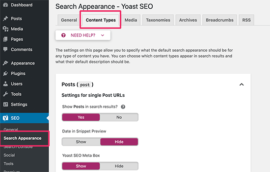 Search appearance settings for each content type on your website