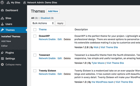 Installed themes on your WordPress multisite network