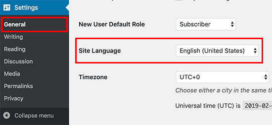Changing language in WordPress settings