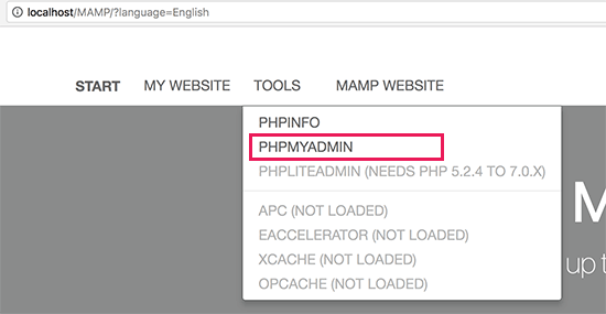 Open phpMyAdmin in MAMP