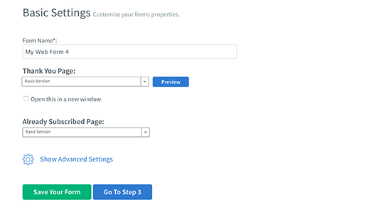 Form settings page
