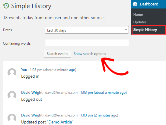 Simple History user activity log