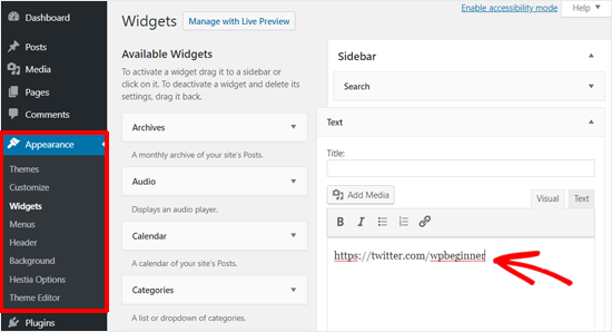 Paste Twitter Profile URL to WordPress text widget