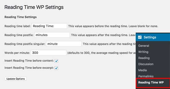 Reading Time WP settings