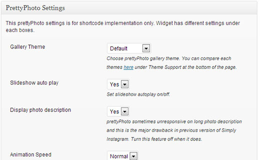 PrettyPhoto jQuery lightbox plugin settings for simply instagram