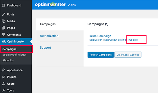 OptinMonster campaigns dashboard in WordPress