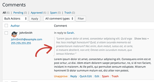 Parent comment displayed above the child comment on WordPress comment moderation screen