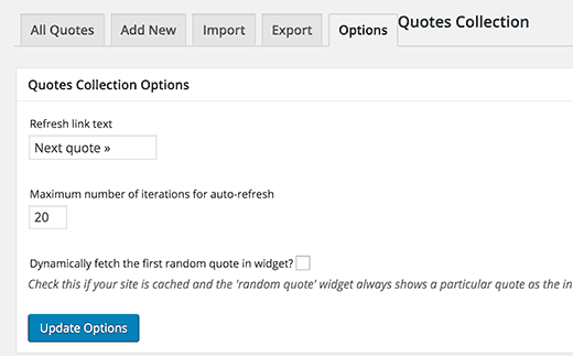 Quotes Collection settings page