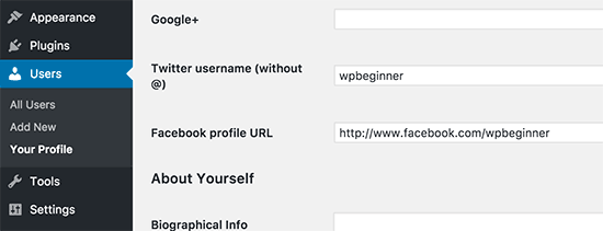 Facebook and Twitter fields in user profile