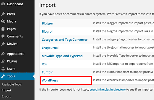 Installing WordPress importer plugin