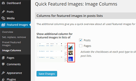 Displaying a featured image column on posts screen