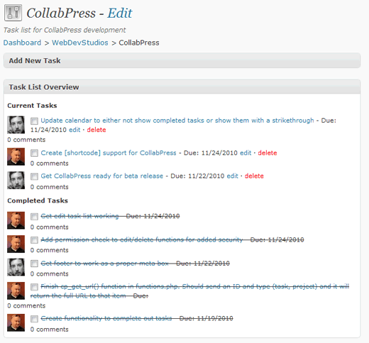 CollabPress Task List Overview