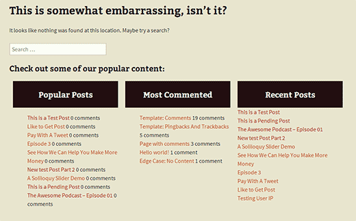 A modified 404 page in WordPress showing popular posts