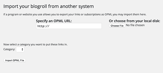 Importing an OPML file in WordPress