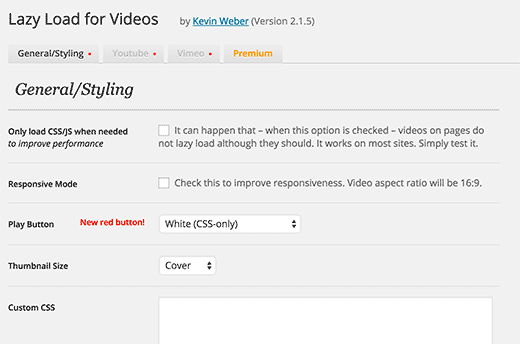 Settings page for lazy load for videos WordPress plugin
