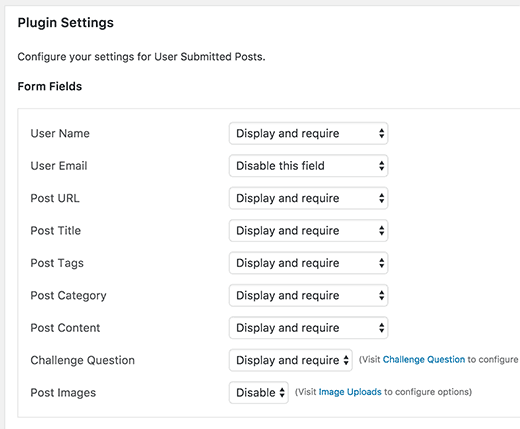 User submitted posts settings