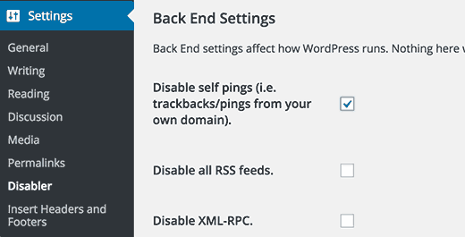 Disabler plugin settings page
