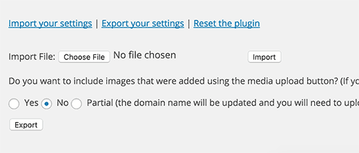 Import / Export / Reset plugin settings