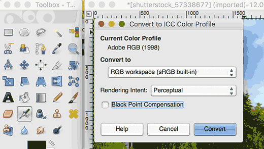 Converting color profile in GIMP