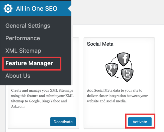 Social meta feature manager All In One SEO
