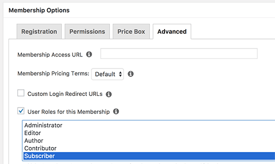 Select user role for membership plan