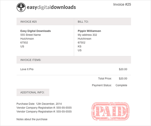 Preview of a invoice generated in easy digital downloads with EDD invoices