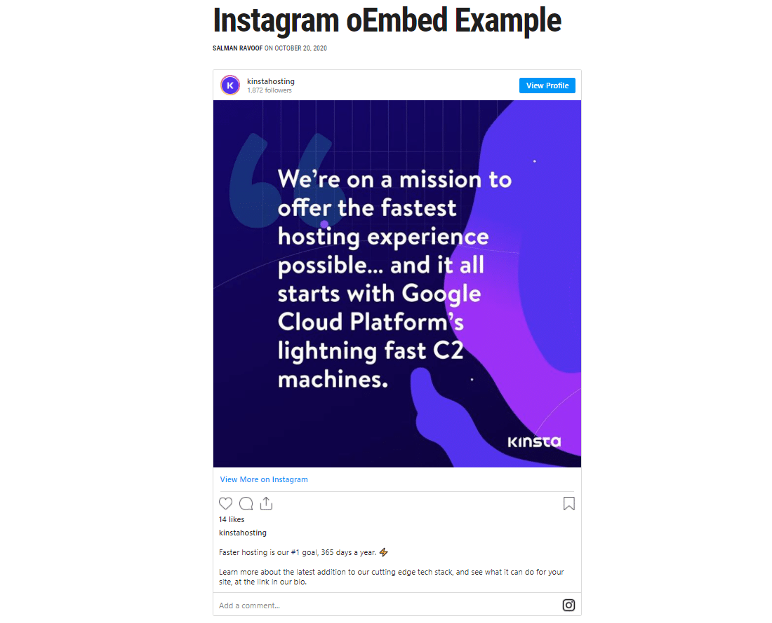 An example of how WordPress embeds Instagram content