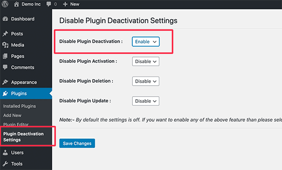 Disable Plugin Deactivation settings