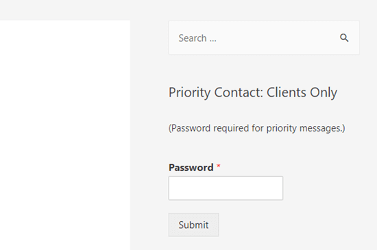 A password protected form in the WordPress site's sidebar