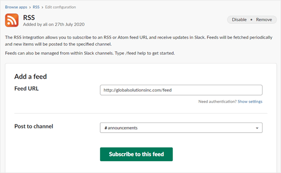 Adding your RSS feed's URL to the Slack RSS app