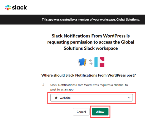 Select a channel and give your webhook permission to post to it