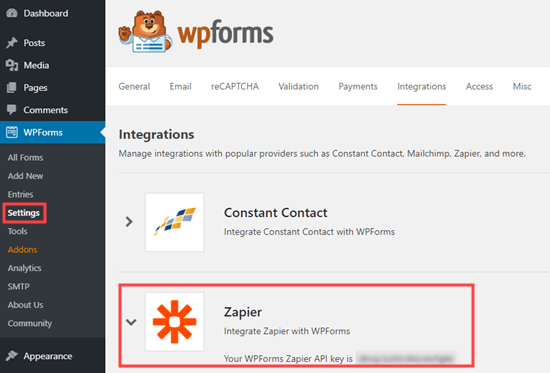 Get your API key from WPForms to use with Zapier