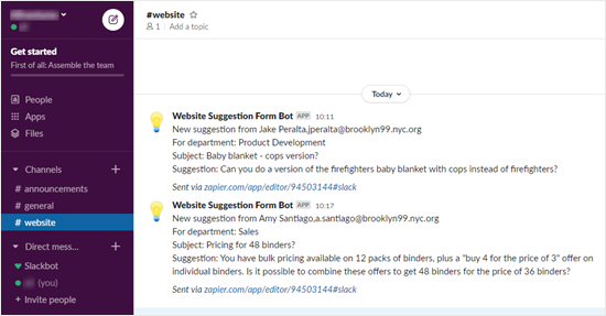 Examples of Slack notifications that have come through the WPForms suggestion form on the WordPress site