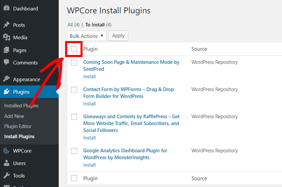 Select All Plugins to Bulk Install on WordPress with WPCore