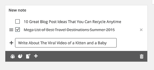Note widget in WordPress dashboard to save post ideas