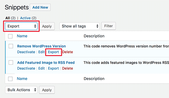 Export your custom code snippets