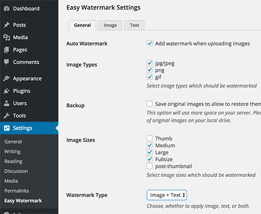Easy Watermark plugin settings