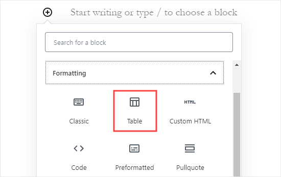 Adding a 'Table' block in the WordPress block editor