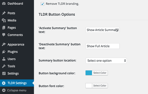 TLDR settings page
